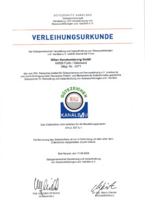 Scan der Verleihungsurkunde für das RAL Gütezeichen für die Beurteilungsgruppen S15.2 / S27.3 und I